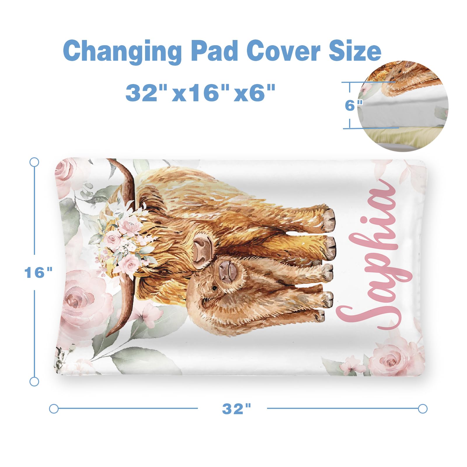 Personalized Changing Pad Cover, Custom Diaper Change Table Sheets with Name, Pink Floral Highland Cow Soft Jersey Knit Change Table Sheets for Girls, 2 Pack Changing Pad Covers (16" x 32")