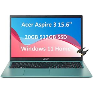 acer aspire 3 laptop (15.6" fhd, intel core i3-1115g4, 20gb ram, 512gb ssd, uhd graphics), home & education, 9.5-hr long battery life, wi-fi 5, webcam, bluetooth, ist hdmi, win 11 home, teal blue