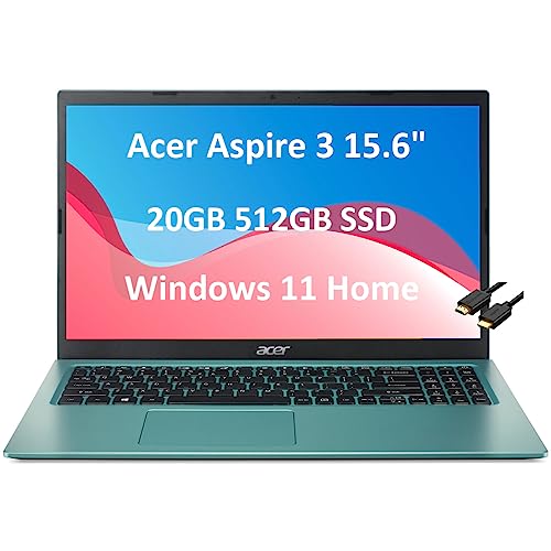 Acer Aspire 3 Laptop (15.6" FHD, Intel Core i3-1115G4, 20GB RAM, 512GB SSD, UHD Graphics), Home & Education, 9.5-Hr Long Battery Life, Wi-Fi 5, Webcam, Bluetooth, IST HDMI, Win 11 Home, Teal Blue