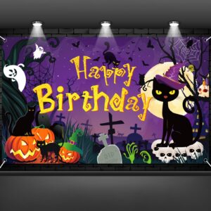 wovweave halloween birthday party decorations 5.9 x 3.6 ft happy birthday backdrop banner black cat evil pumpkin ghost skull banner for halloween birthday photo booth background indoor outdoor decor