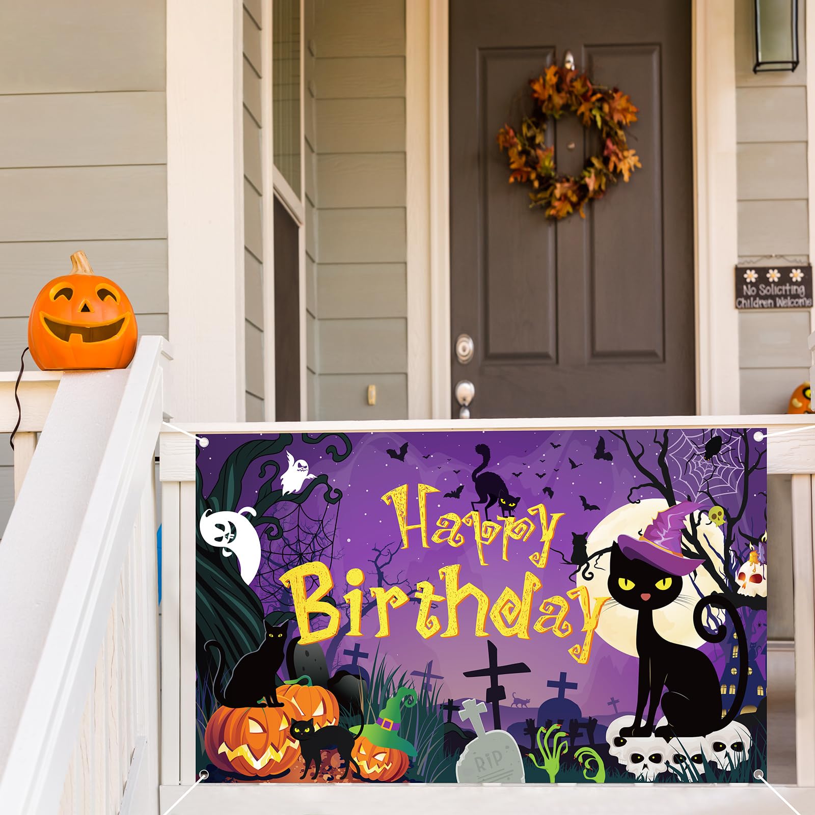 WovWeave Halloween Birthday Party Decorations 5.9 x 3.6 ft Happy Birthday Backdrop Banner Black Cat Evil Pumpkin Ghost Skull Banner for Halloween Birthday Photo Booth Background Indoor Outdoor Decor