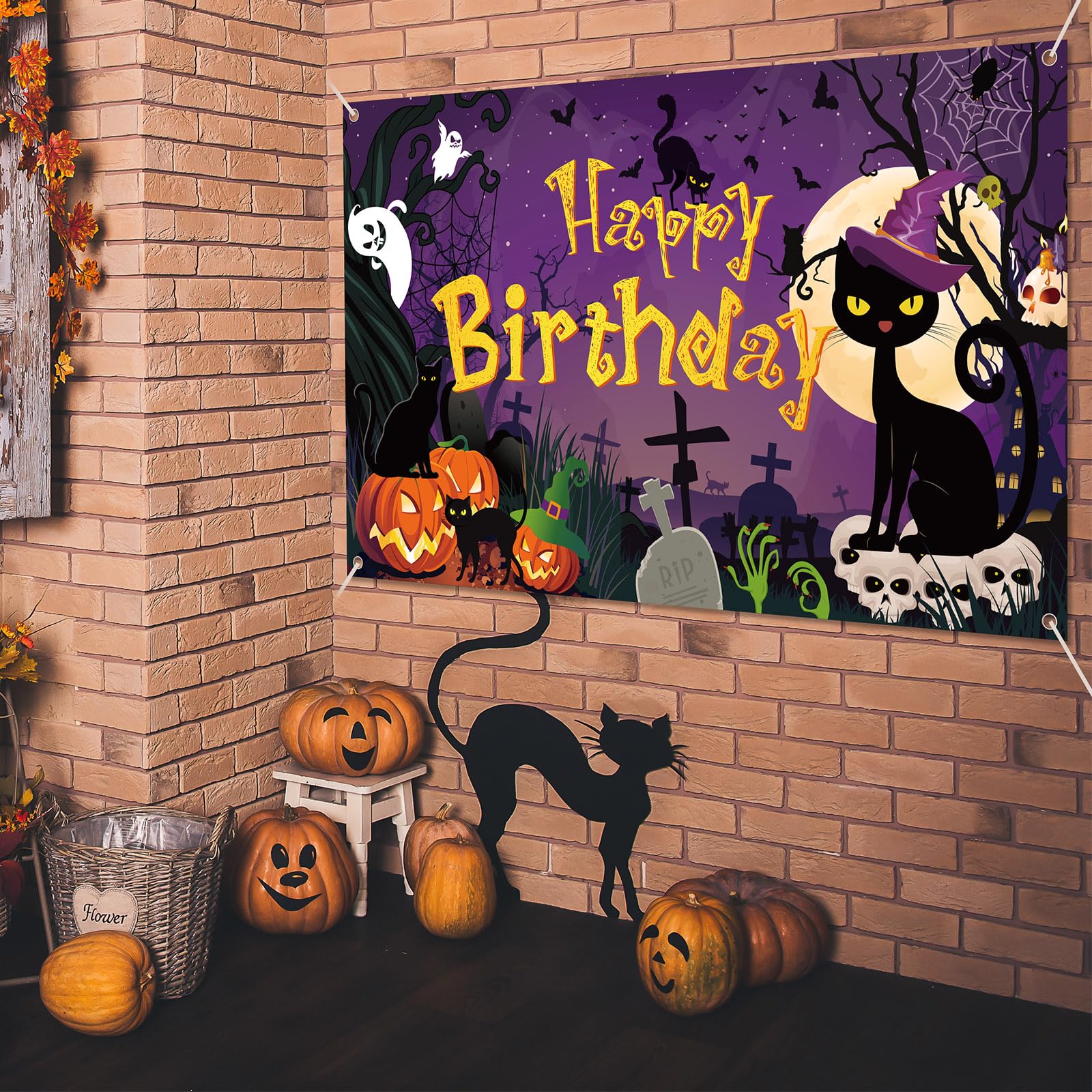 WovWeave Halloween Birthday Party Decorations 5.9 x 3.6 ft Happy Birthday Backdrop Banner Black Cat Evil Pumpkin Ghost Skull Banner for Halloween Birthday Photo Booth Background Indoor Outdoor Decor