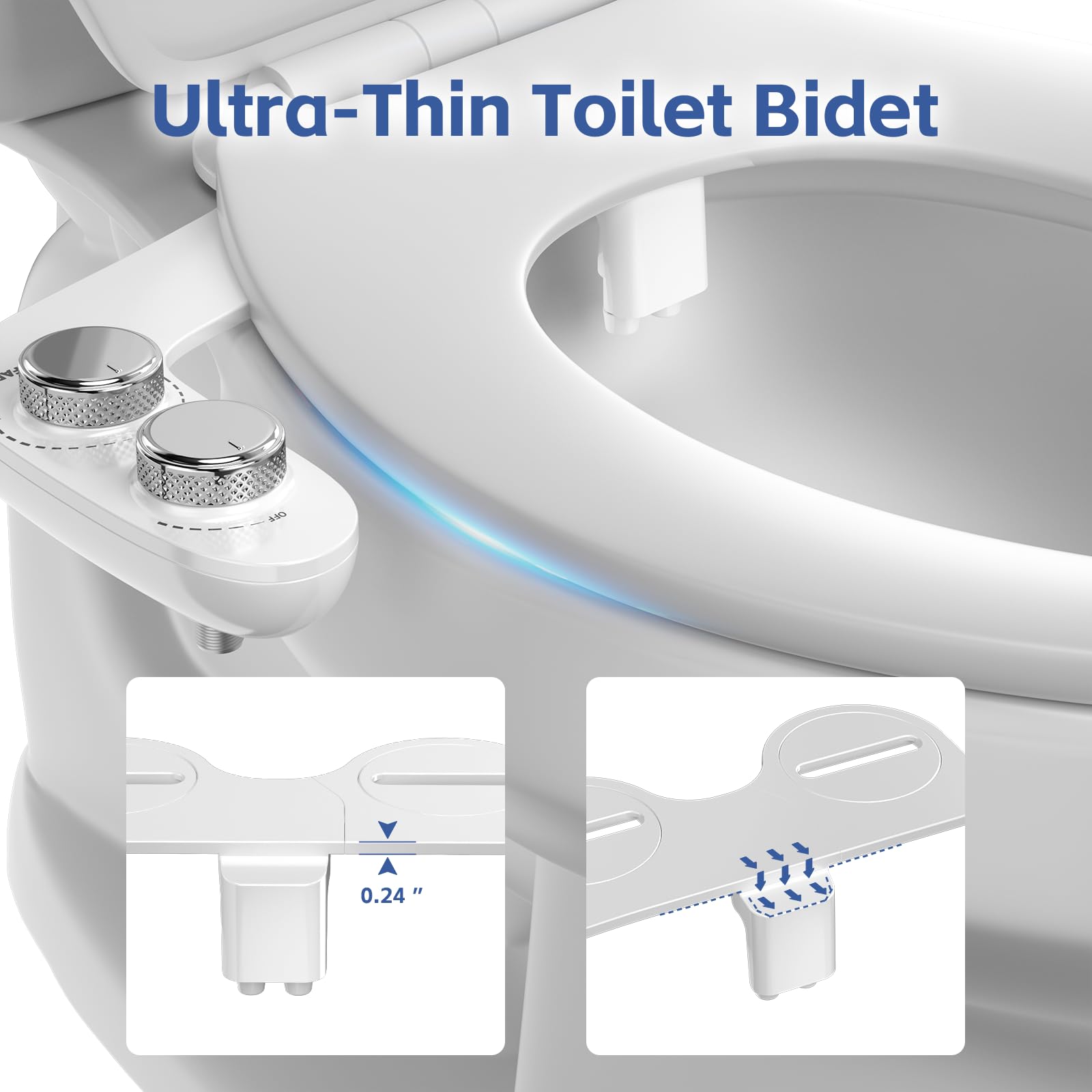 Auterfar Bidet Attachment for Toilet, Dual Nozzle with Self-Cleaning Bidet Toilet Seat, Non-Electric Ultra-Thin Bidets for Existing Toilets, Rear/Feminine Wash with Adjustable Water Pressure