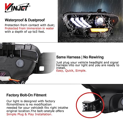 Winjet LED Headlights Assembly Fit For 2016-2019 Toyota Tacoma, Led Headlamp For 2020-2023 Tacoma (SR, SR5, TRD Sport models only), Tacoma Front Lamp w/Led High& Low Beam (Glossy Black/Clear Lens)