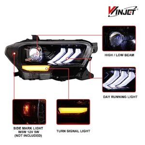 Winjet LED Headlights Assembly Fit For 2016-2019 Toyota Tacoma, Led Headlamp For 2020-2023 Tacoma (SR, SR5, TRD Sport models only), Tacoma Front Lamp w/Led High& Low Beam (Glossy Black/Clear Lens)