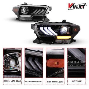 Winjet LED Headlights Assembly Fit For 2016-2019 Toyota Tacoma, Led Headlamp For 2020-2023 Tacoma (SR, SR5, TRD Sport models only), Tacoma Front Lamp w/Led High& Low Beam (Glossy Black/Clear Lens)