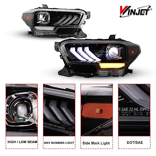 Winjet LED Headlights Assembly Fit For 2016-2019 Toyota Tacoma, Led Headlamp For 2020-2023 Tacoma (SR, SR5, TRD Sport models only), Tacoma Front Lamp w/Led High& Low Beam (Glossy Black/Clear Lens)