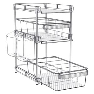 wakisa clear bathroom organizers 3 tier, pull out organizer and storage with 2 cups, slide out drawer storage container with 6 dividers, multi-purpose bathroom organizer, kitchen under sink organizer