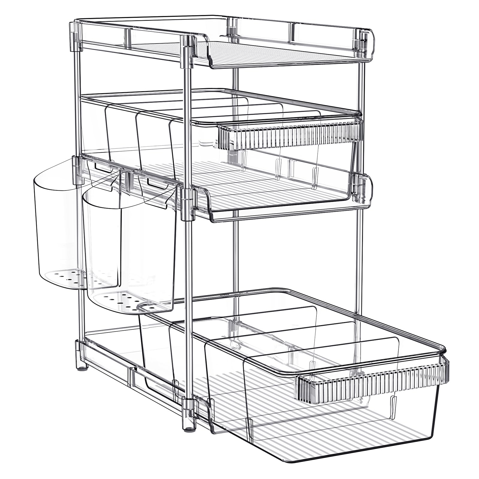 WAKISA Clear Bathroom Organizers 3 Tier, Pull Out Organizer and Storage with 2 Cups, Slide Out Drawer Storage Container with 6 Dividers, Multi-Purpose Bathroom Organizer, Kitchen Under Sink Organizer