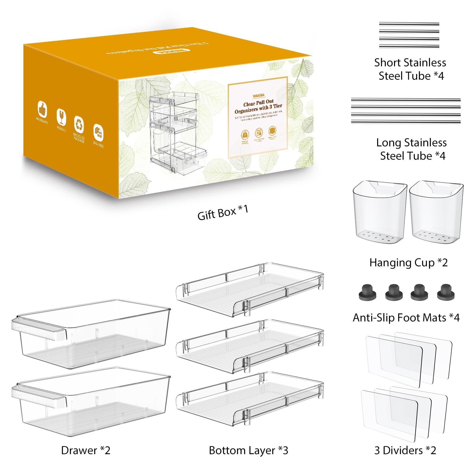 WAKISA Clear Bathroom Organizers 3 Tier, Pull Out Organizer and Storage with 2 Cups, Slide Out Drawer Storage Container with 6 Dividers, Multi-Purpose Bathroom Organizer, Kitchen Under Sink Organizer