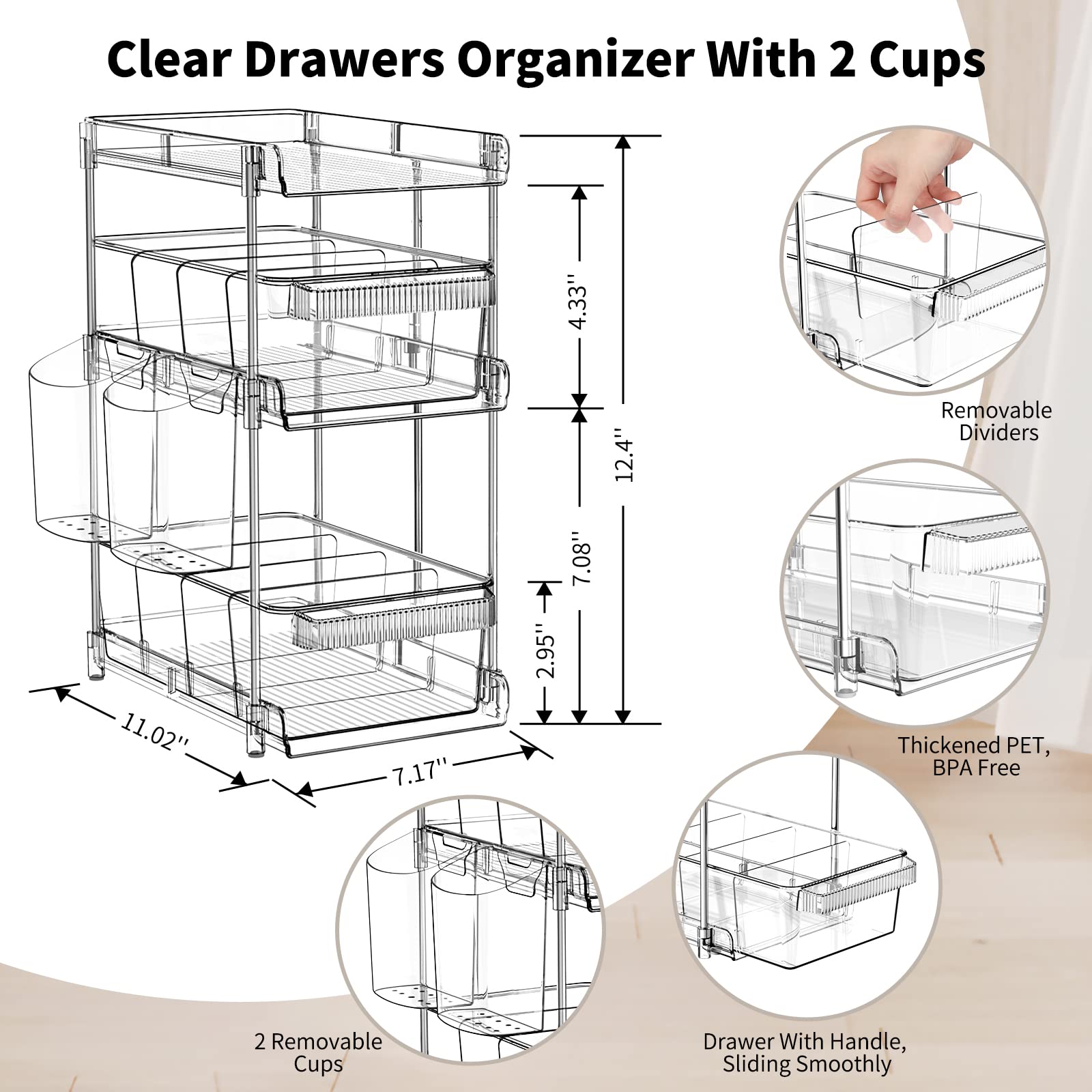 WAKISA Clear Bathroom Organizers 3 Tier, Pull Out Organizer and Storage with 2 Cups, Slide Out Drawer Storage Container with 6 Dividers, Multi-Purpose Bathroom Organizer, Kitchen Under Sink Organizer