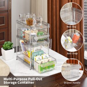 WAKISA Clear Bathroom Organizers 3 Tier, Pull Out Organizer and Storage with 2 Cups, Slide Out Drawer Storage Container with 6 Dividers, Multi-Purpose Bathroom Organizer, Kitchen Under Sink Organizer