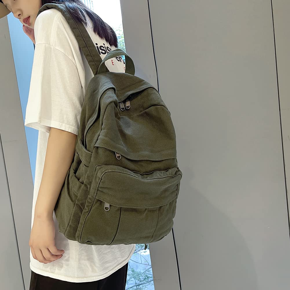 GETERUUV Canvas Backpack Aesthetic Laptop Backpack Vintage Green Backpack for Women Men Lightweight Travel Daypack