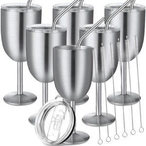 photect 6 pack stemmed stainless steel wine glasses with lid 10 oz double wall insulated wine tumbler unbreakable goblets with drinking straw and straw brush for wedding valentine's day party