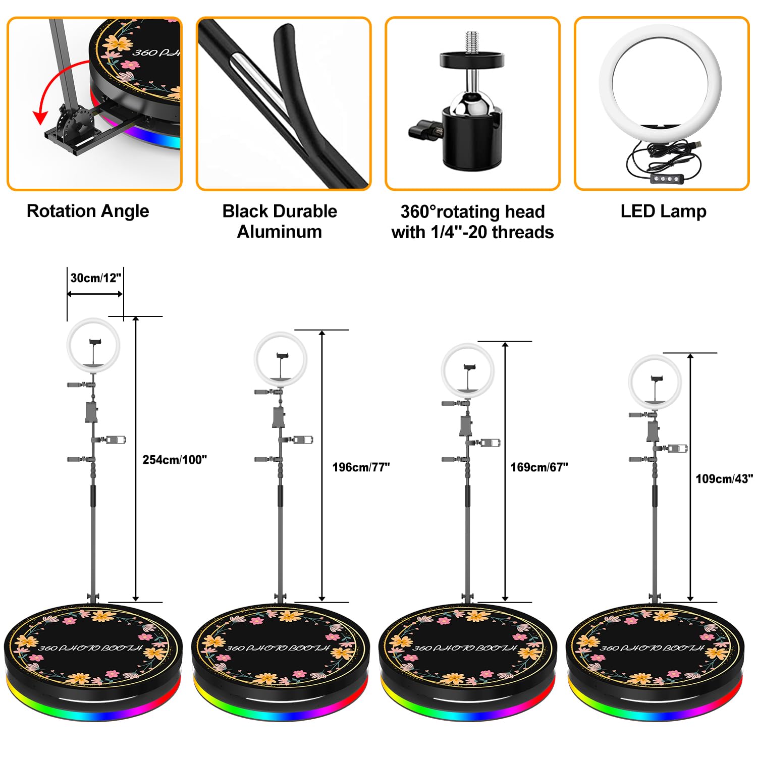 360 Photo Booth Machine for Parties with Ring Light 5 People Stand on Remote Control Automatic Slow Motion 360 Spin Photo Camera Booth Free Custom Logo 100cm 39.4 inch with Flight Case