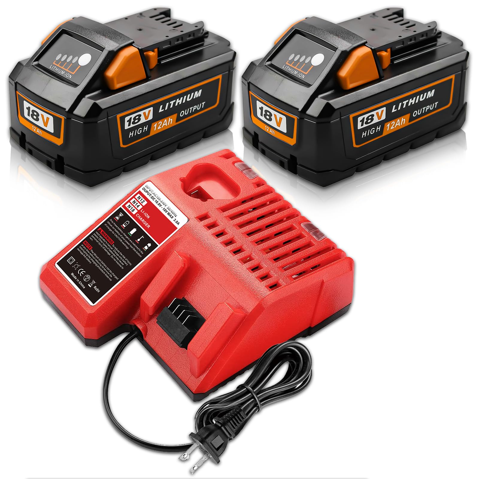 【2 Pack Upgrade 12.0Ah】 48-11-1812 Lithium Replacement Battery and Charger Combo Kit Compatible with Milwaukee 18V Battery 48-11-1850 48-11-1815 48-11-1860 48-11-1890 48-11-2230 48-11-2830(Red)