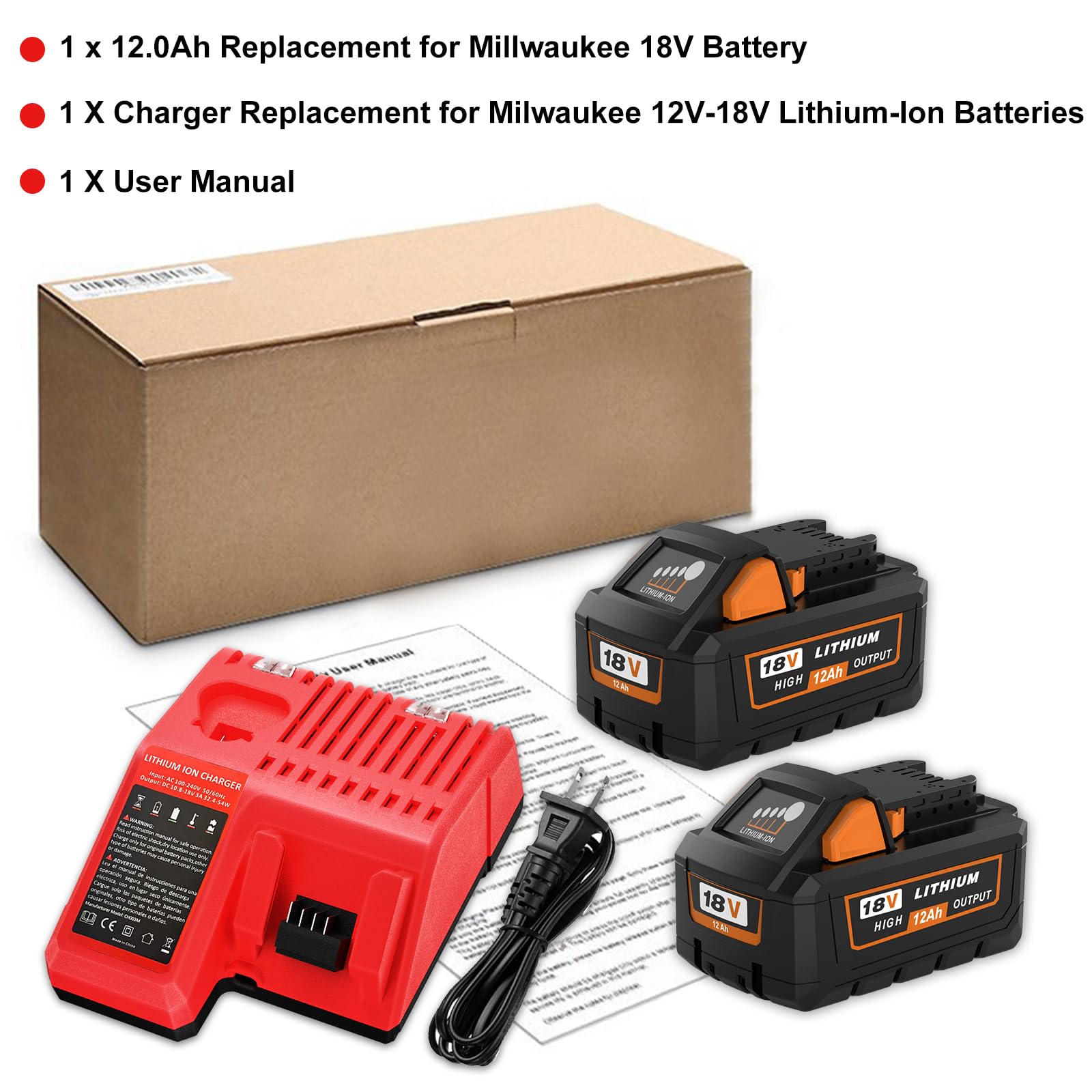 【2 Pack Upgrade 12.0Ah】 48-11-1812 Lithium Replacement Battery and Charger Combo Kit Compatible with Milwaukee 18V Battery 48-11-1850 48-11-1815 48-11-1860 48-11-1890 48-11-2230 48-11-2830(Red)