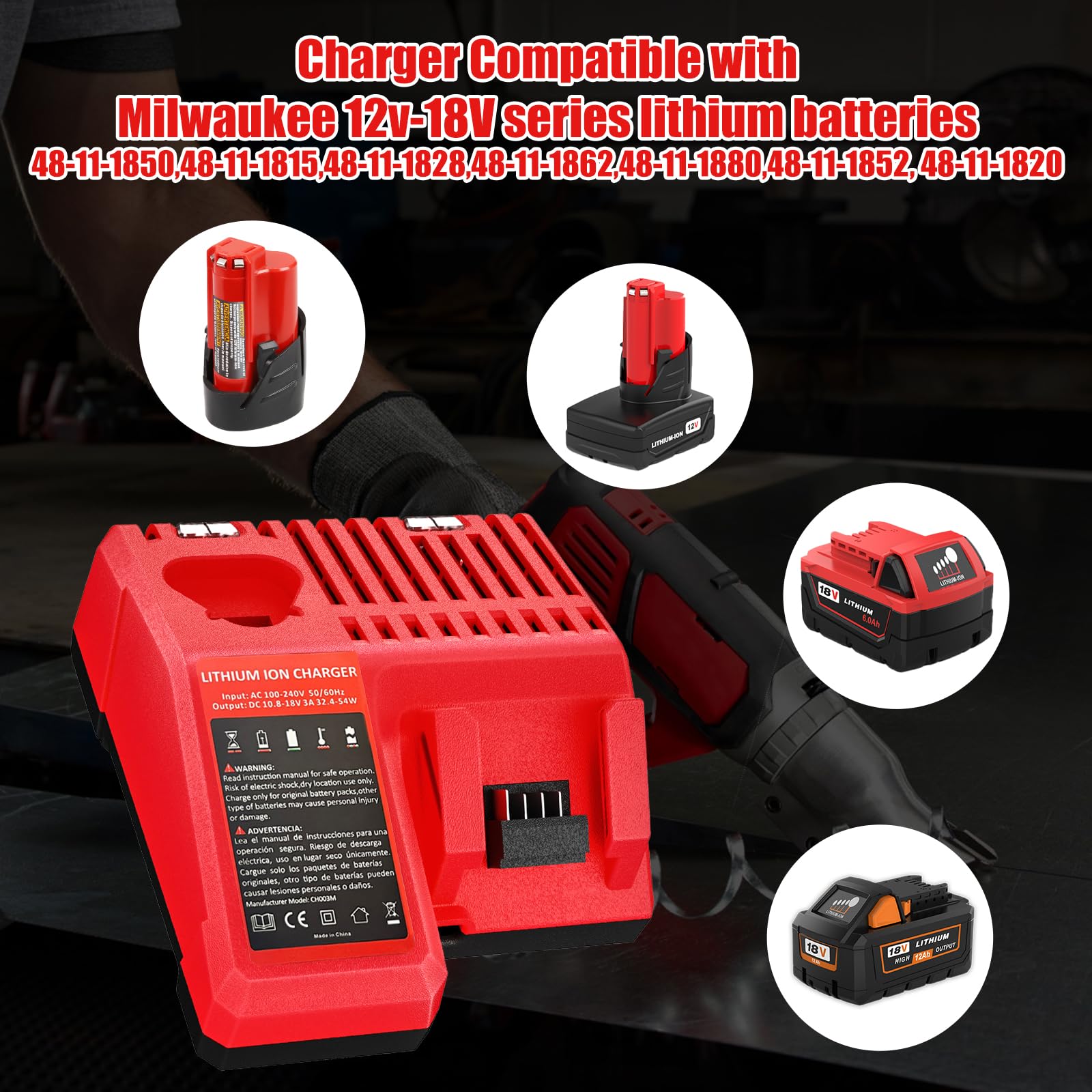 【2 Pack Upgrade 12.0Ah】 48-11-1812 Lithium Replacement Battery and Charger Combo Kit Compatible with Milwaukee 18V Battery 48-11-1850 48-11-1815 48-11-1860 48-11-1890 48-11-2230 48-11-2830(Red)