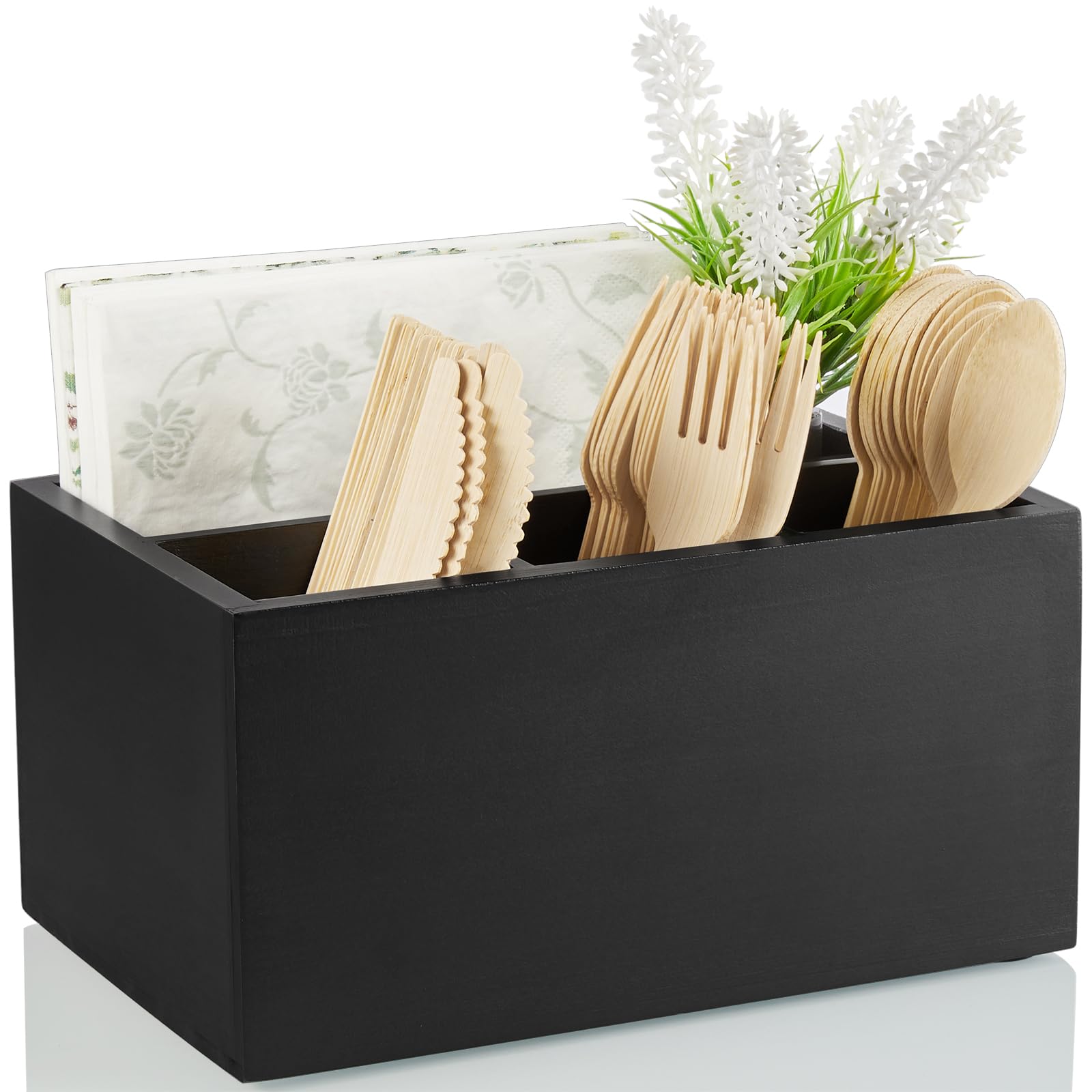 DRASTAR Silverware Caddy, Wooden Utensil Holder, Picnic Cutlery Holder, Black Silverware Holder, Plastic Silverware Caddy for Party, Countertop, Camping