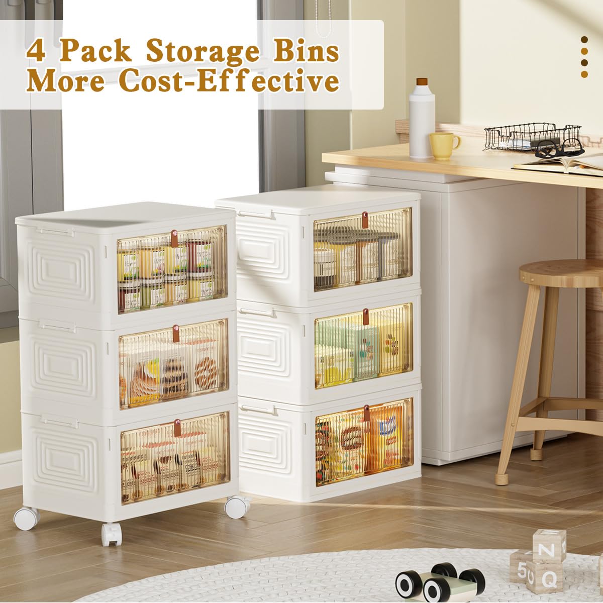 3 Tier Plastic Storage Bins with Lids 23QT, Stackable Storage Containers with Wheels, Folding Storage Boxes, Collapsible Storage Bins, Closet Organizers and Storage for Living Room,Kitchen,Office,Dorm