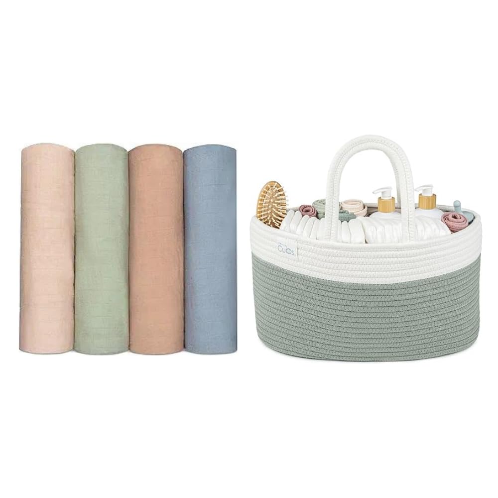 Comfy Cubs Muslin Swaddle Blankets and Diaper Caddy Organizer Bundled