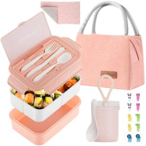 kaiftek bento lunch box for kids, bento box adults lunch box leak-proof for kids toddler teens school, lunch box containers durable with lunch bag, cup, spoon, forks, dishcloth (pink set)