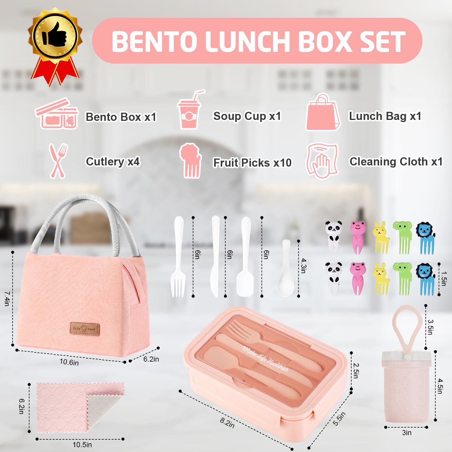 KAIFTEK Bento Lunch Box for Kids, Bento Box Adults Lunch Box Leak-proof for Kids Toddler Teens School, Lunch Box Containers Durable with Lunch Bag, Cup, Spoon, Forks, Dishcloth (Pink Set)