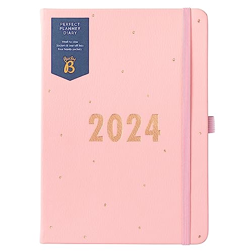 Busy B Perfect Planner Diary January to December 2024 - A5 Pink - Faux Leather Week to View Planner with Stickers & Tear-Out Lists