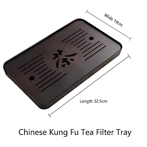 Tea Tray, 13 inch Chinese Kung Fu Tea Catch and Filter Tray, Dry Foam Beverage Tray, Bamboo Hollowed Out Bottom Storage Tray, Removable Tiered Tray