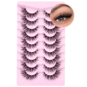 newcally false lashes, 9 pairs cat eye false eyelashes, wispy eyelashes, faux mink false eyelashes, 3d volume lashes strips, handmade cotton thin lash band, vegan, cruelty free