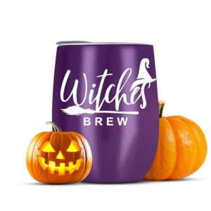 halloween tumbler with lid and straw – 12oz witches brew wine tumbler – insulated stainless steel tumbler for hot and cold drinks – halloween coffee tumbler gifts (purple witches brew)