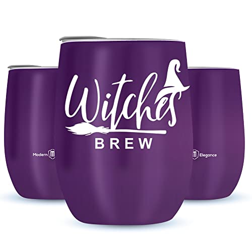 Halloween Tumbler with Lid and Straw – 12oz Witches Brew Wine Tumbler – Insulated Stainless Steel Tumbler for Hot and Cold Drinks – Halloween Coffee Tumbler Gifts (Purple Witches Brew)