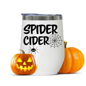 Halloween Tumbler Stemless Wine Glass – 12Oz Wine Tumbler with Straw– Cute Spider Insulated Steel Tumblers Halloween Cup – Spill-Proof, Reusable Halloween Mugs (Modern White - Spider Cider)