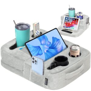 tabcouchcaddy - couch cup holder tray & tablet pillow stand - bed, couch caddy, sofa, rv & car - holds drinks, snacks, remotes, phones, tablet - ipad, galaxy tab compatible | bed cup holder (grey)