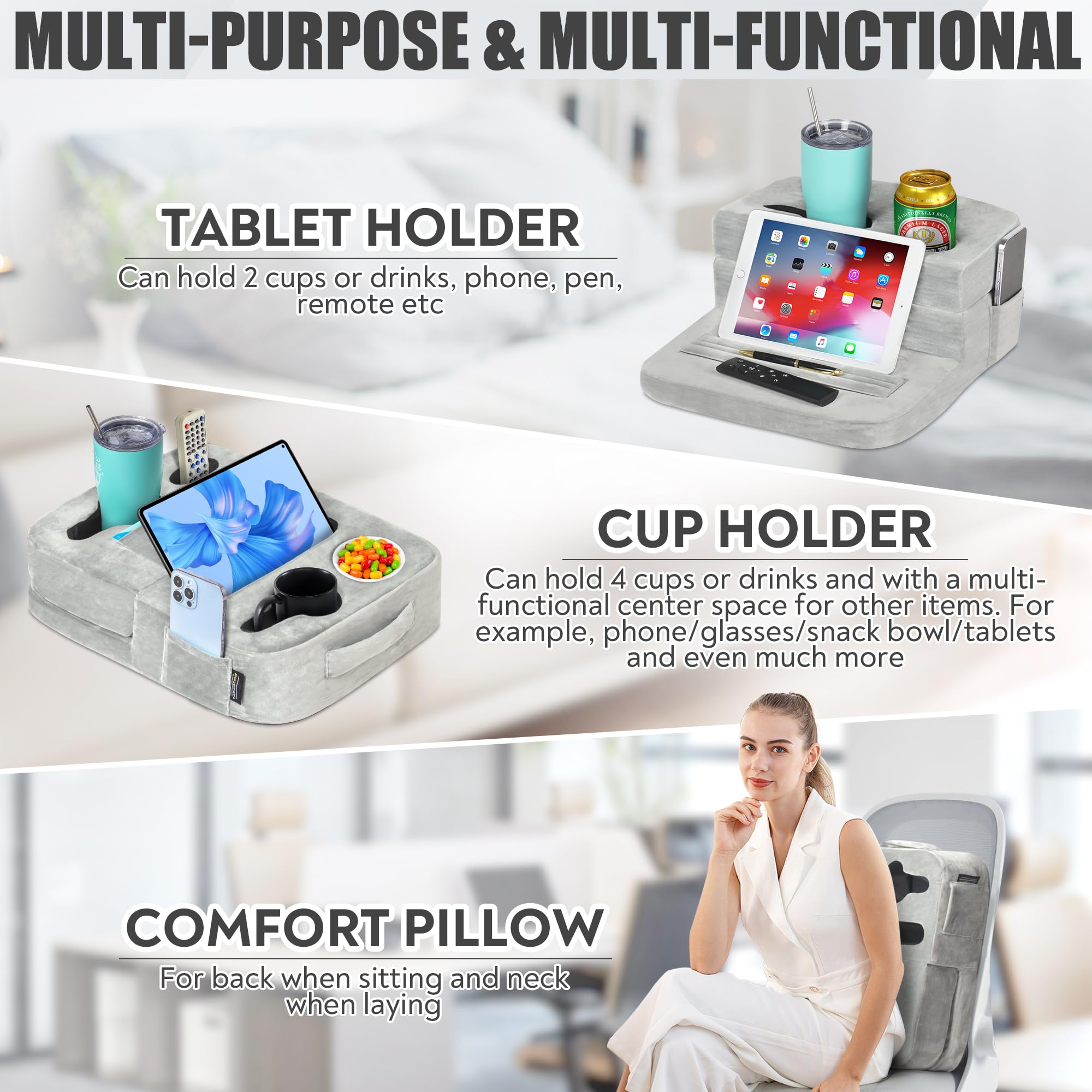 TabCouchCaddy - Couch Cup Holder Tray & Tablet Pillow Stand - Bed, Couch Caddy, Sofa, RV & Car - Holds Drinks, Snacks, Remotes, Phones, Tablet - iPad, Galaxy Tab Compatible | Bed Cup Holder (Grey)