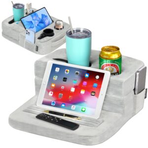 TabCouchCaddy - Couch Cup Holder Tray & Tablet Pillow Stand - Bed, Couch Caddy, Sofa, RV & Car - Holds Drinks, Snacks, Remotes, Phones, Tablet - iPad, Galaxy Tab Compatible | Bed Cup Holder (Grey)