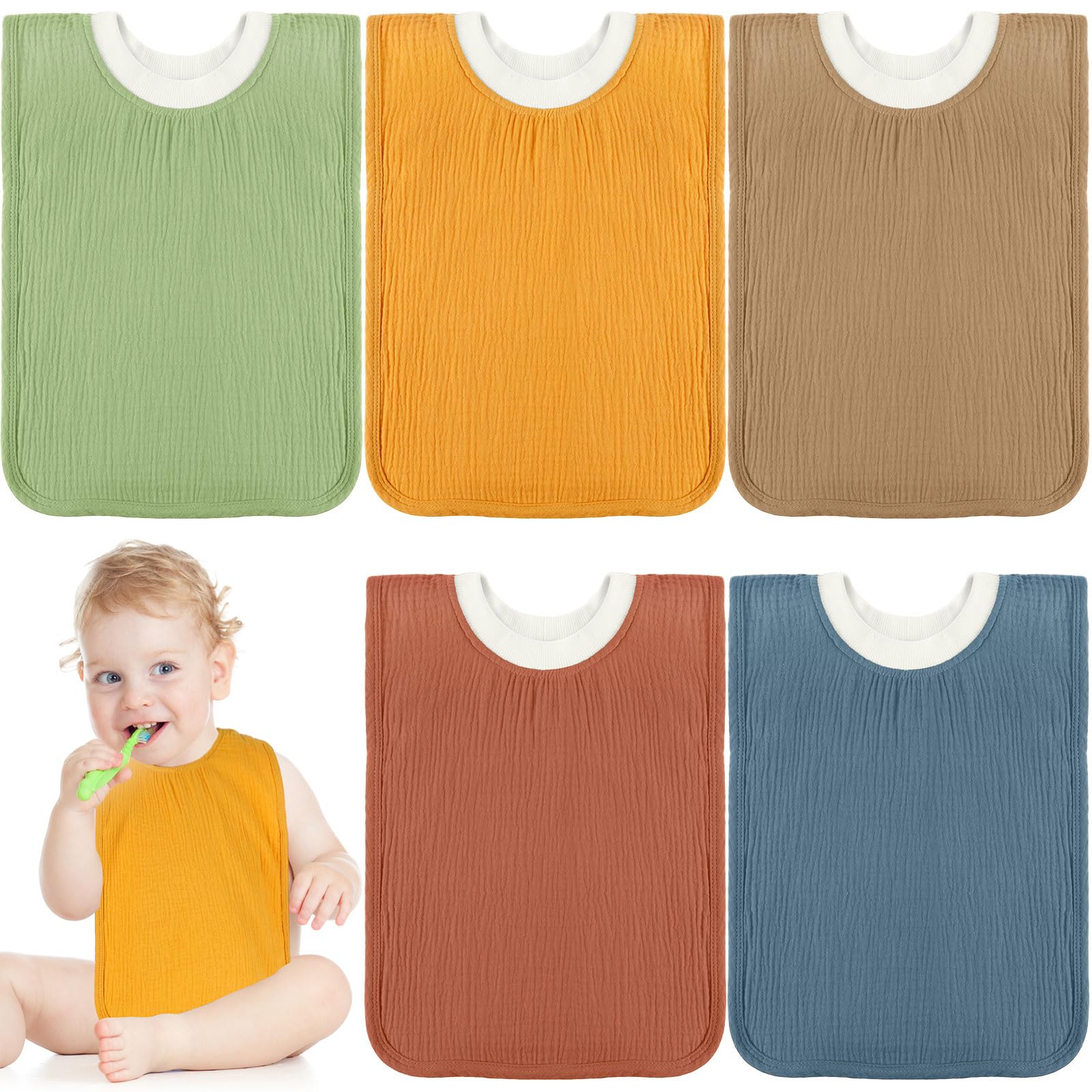 Newwiee Large Muslin Pullover Baby Bibs Full Coverage Toddler Slip on Absorbent Bib Waterproof Toddler Towel Bibs(Classic Color, 5 Pcs)