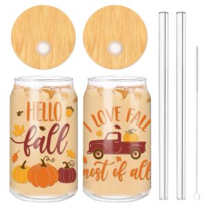 whaline hello fall drinking glasses 16oz fall harvest glass cup pumpkin car iced coffee cup with bamboo lid glass straw cleaning brush gift for autumn thanksgiving cocktail whiskey beer soda, 2pcs