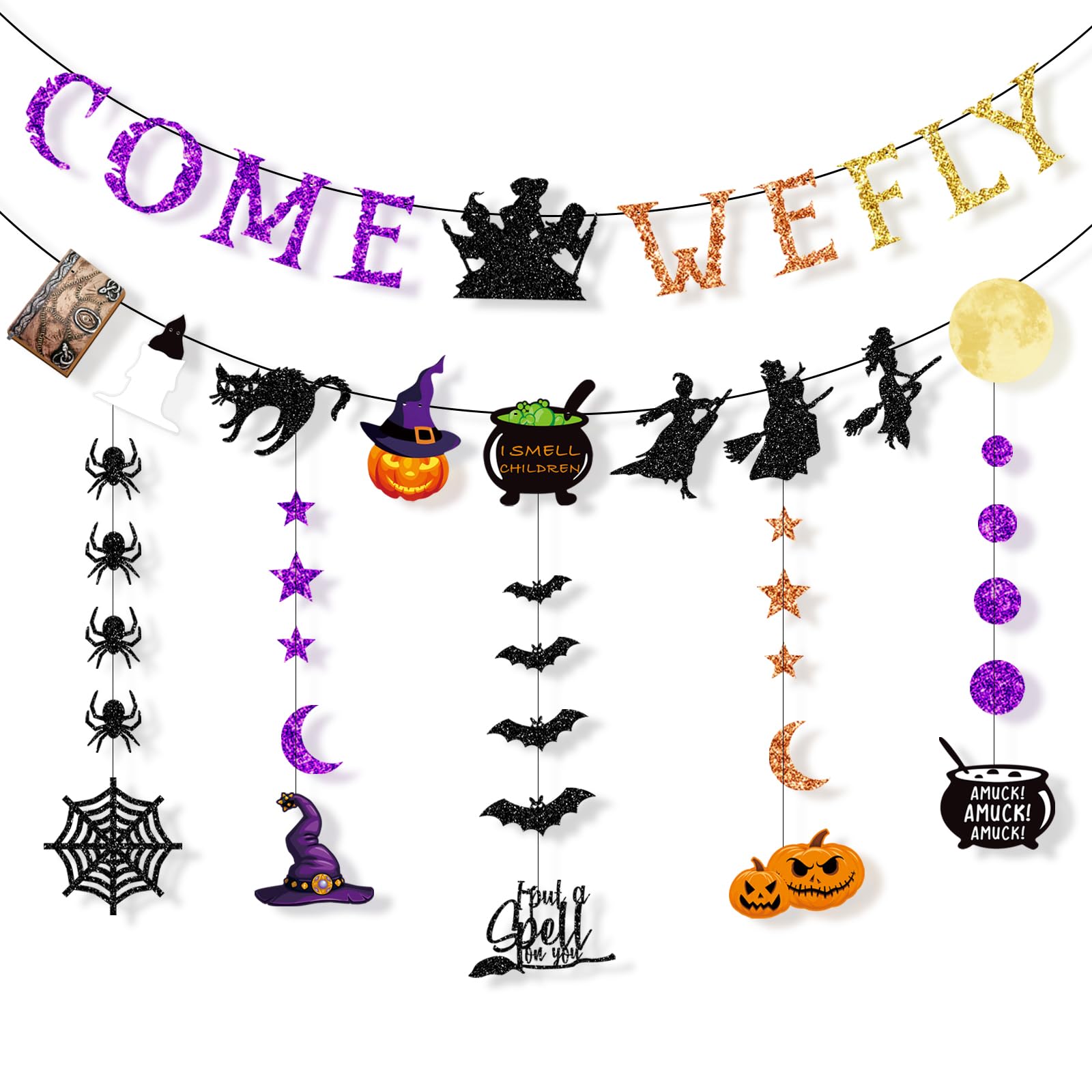 Glitter Halloween Banner Decoration - Halloween Hanging Banner Garland Decors with Ghosts, Witches, Bats, Spiders, Pumpkins - Indoor/Outdoor Party Supplies (Glitter Colorful Witch Theme)