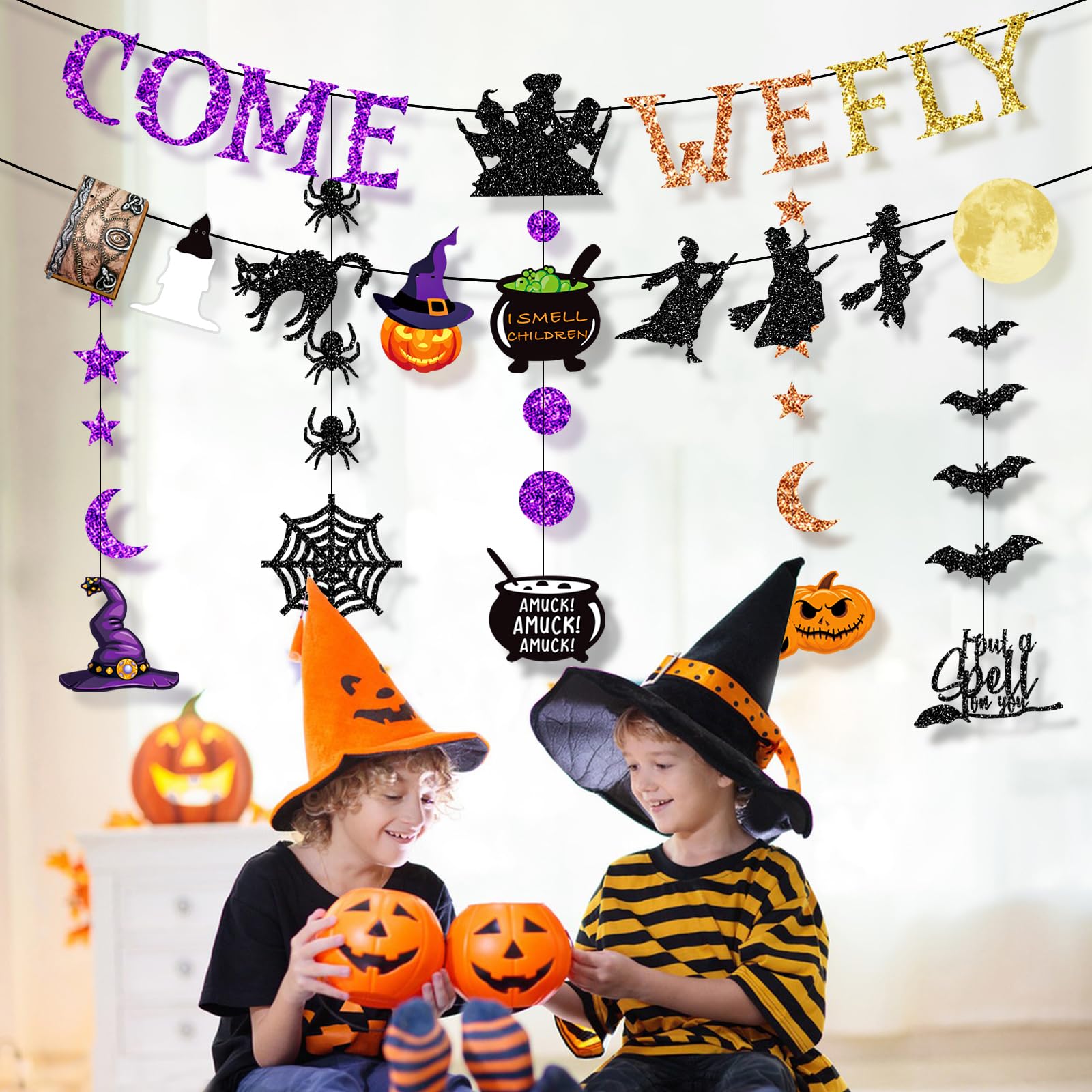 Glitter Halloween Banner Decoration - Halloween Hanging Banner Garland Decors with Ghosts, Witches, Bats, Spiders, Pumpkins - Indoor/Outdoor Party Supplies (Glitter Colorful Witch Theme)