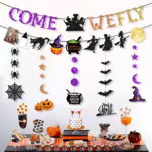 Glitter Halloween Banner Decoration - Halloween Hanging Banner Garland Decors with Ghosts, Witches, Bats, Spiders, Pumpkins - Indoor/Outdoor Party Supplies (Glitter Colorful Witch Theme)