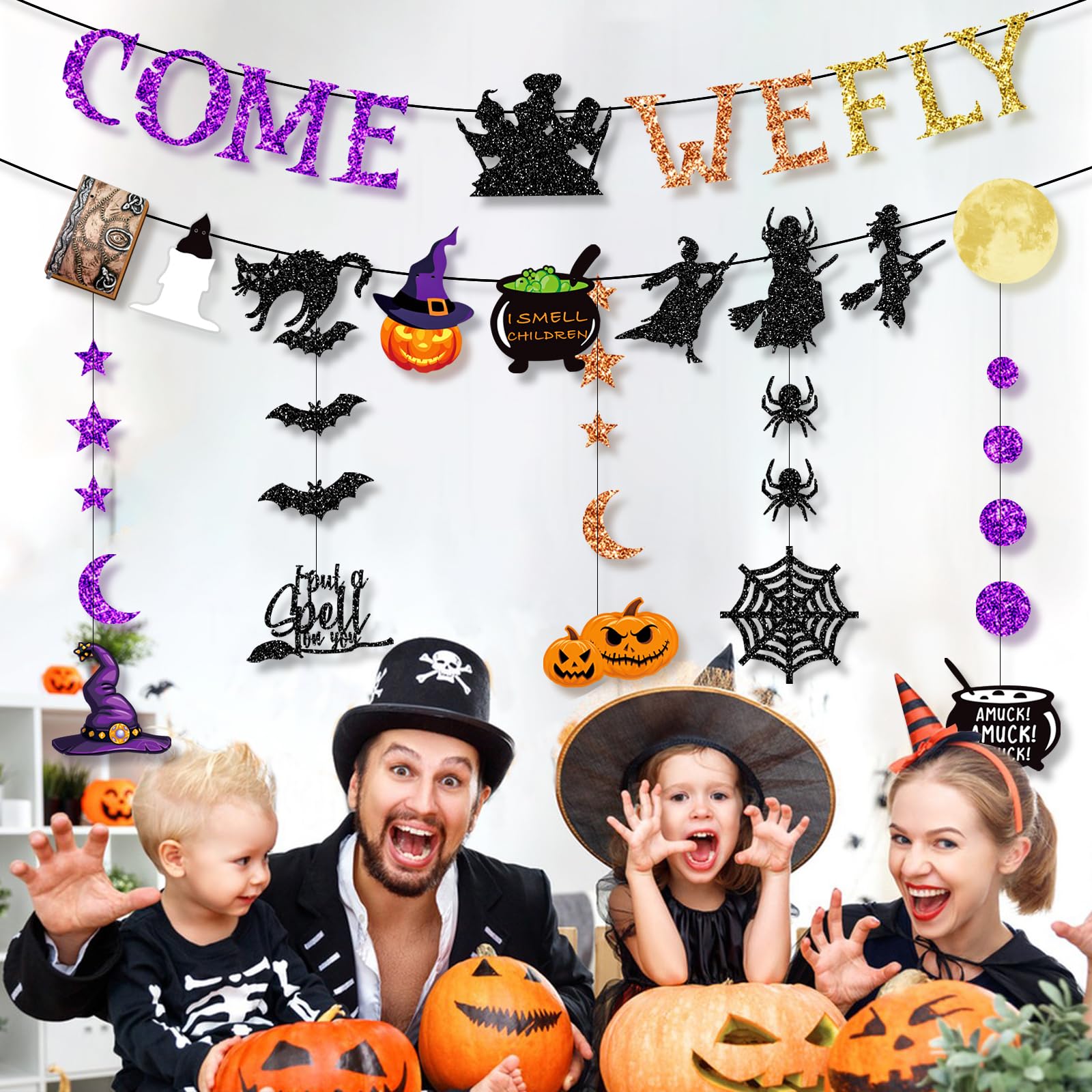 Glitter Halloween Banner Decoration - Halloween Hanging Banner Garland Decors with Ghosts, Witches, Bats, Spiders, Pumpkins - Indoor/Outdoor Party Supplies (Glitter Colorful Witch Theme)