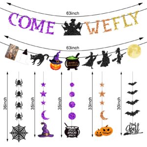 Glitter Halloween Banner Decoration - Halloween Hanging Banner Garland Decors with Ghosts, Witches, Bats, Spiders, Pumpkins - Indoor/Outdoor Party Supplies (Glitter Colorful Witch Theme)