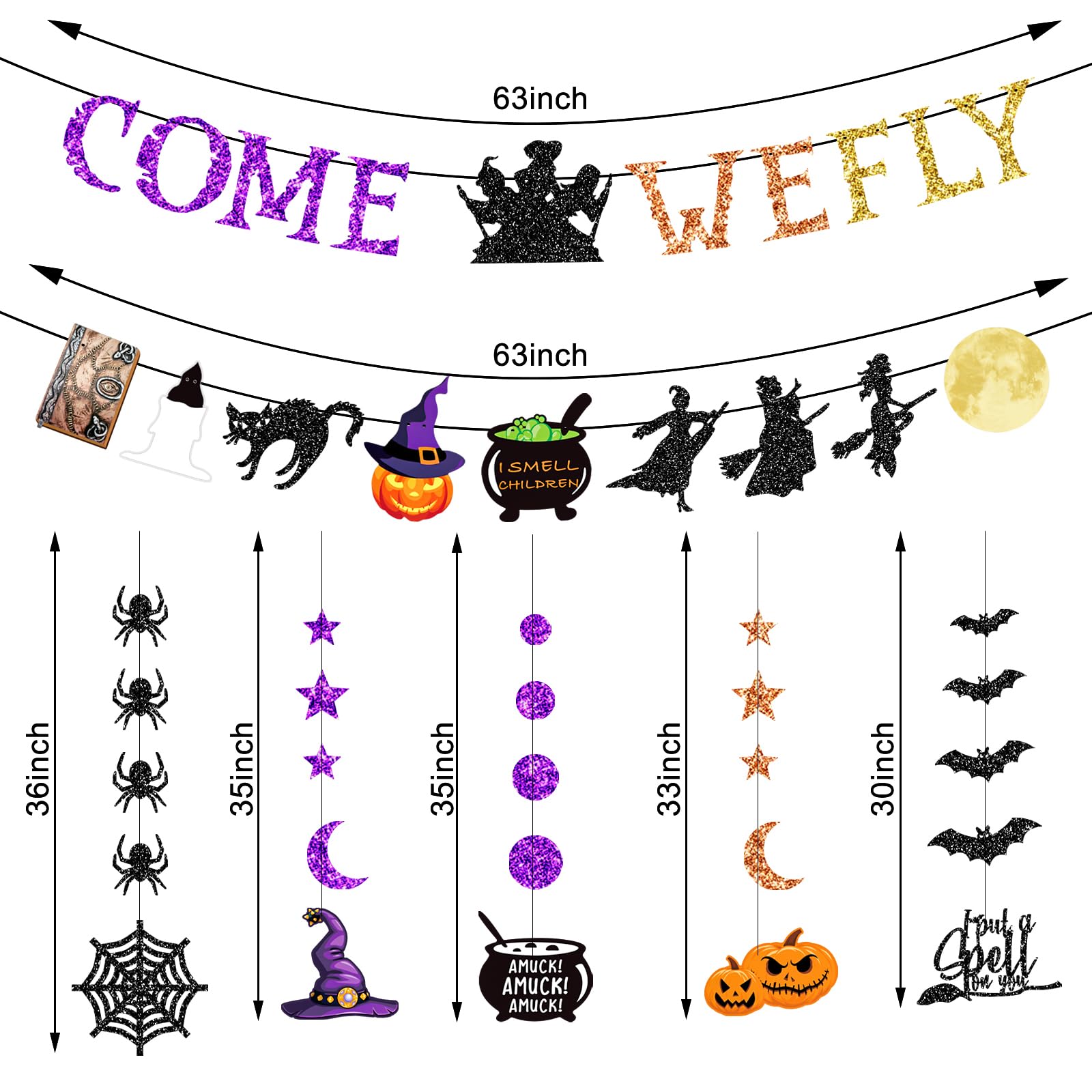 Glitter Halloween Banner Decoration - Halloween Hanging Banner Garland Decors with Ghosts, Witches, Bats, Spiders, Pumpkins - Indoor/Outdoor Party Supplies (Glitter Colorful Witch Theme)