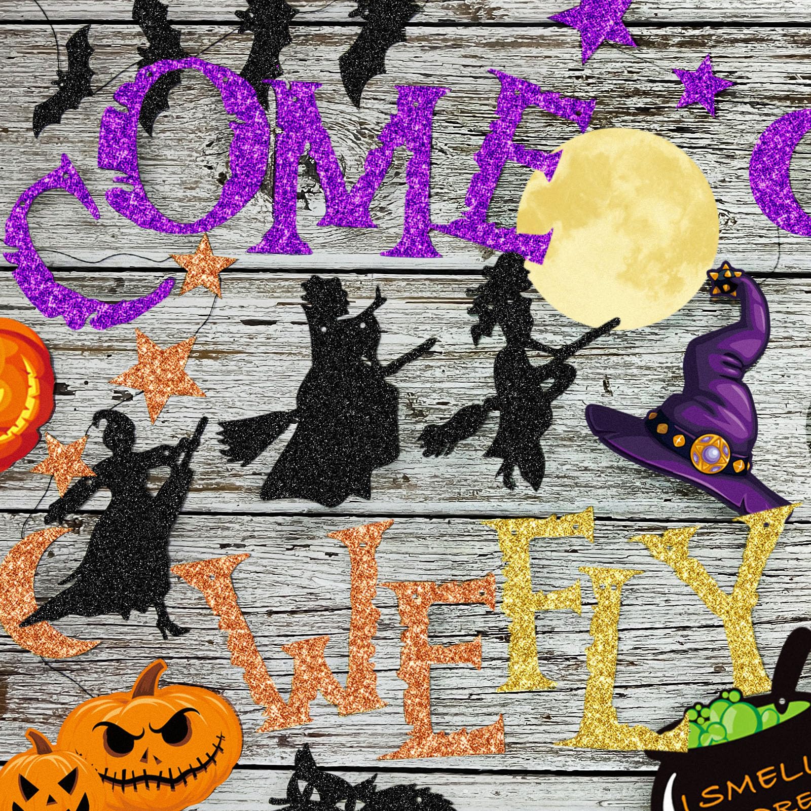 Glitter Halloween Banner Decoration - Halloween Hanging Banner Garland Decors with Ghosts, Witches, Bats, Spiders, Pumpkins - Indoor/Outdoor Party Supplies (Glitter Colorful Witch Theme)