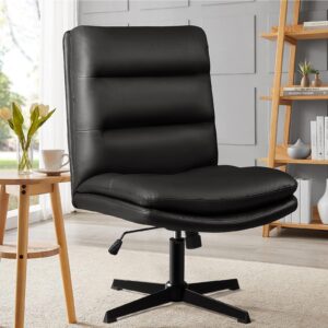 pukami criss cross legged office chair,pu leather armless office desk chair no wheels,modern swivel height adjustable wide seat high back computer task vanity chair for home office (black)