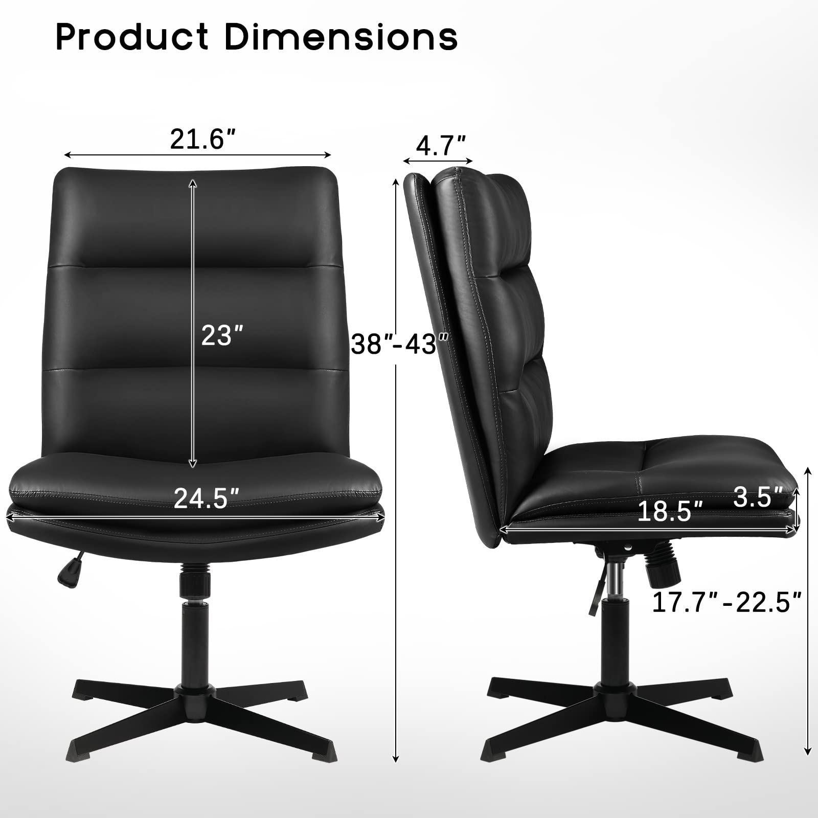 PUKAMI Criss Cross Legged Office Chair,Pu Leather Armless Office Desk Chair No Wheels,Modern Swivel Height Adjustable Wide Seat High Back Computer Task Vanity Chair for Home Office (Black)