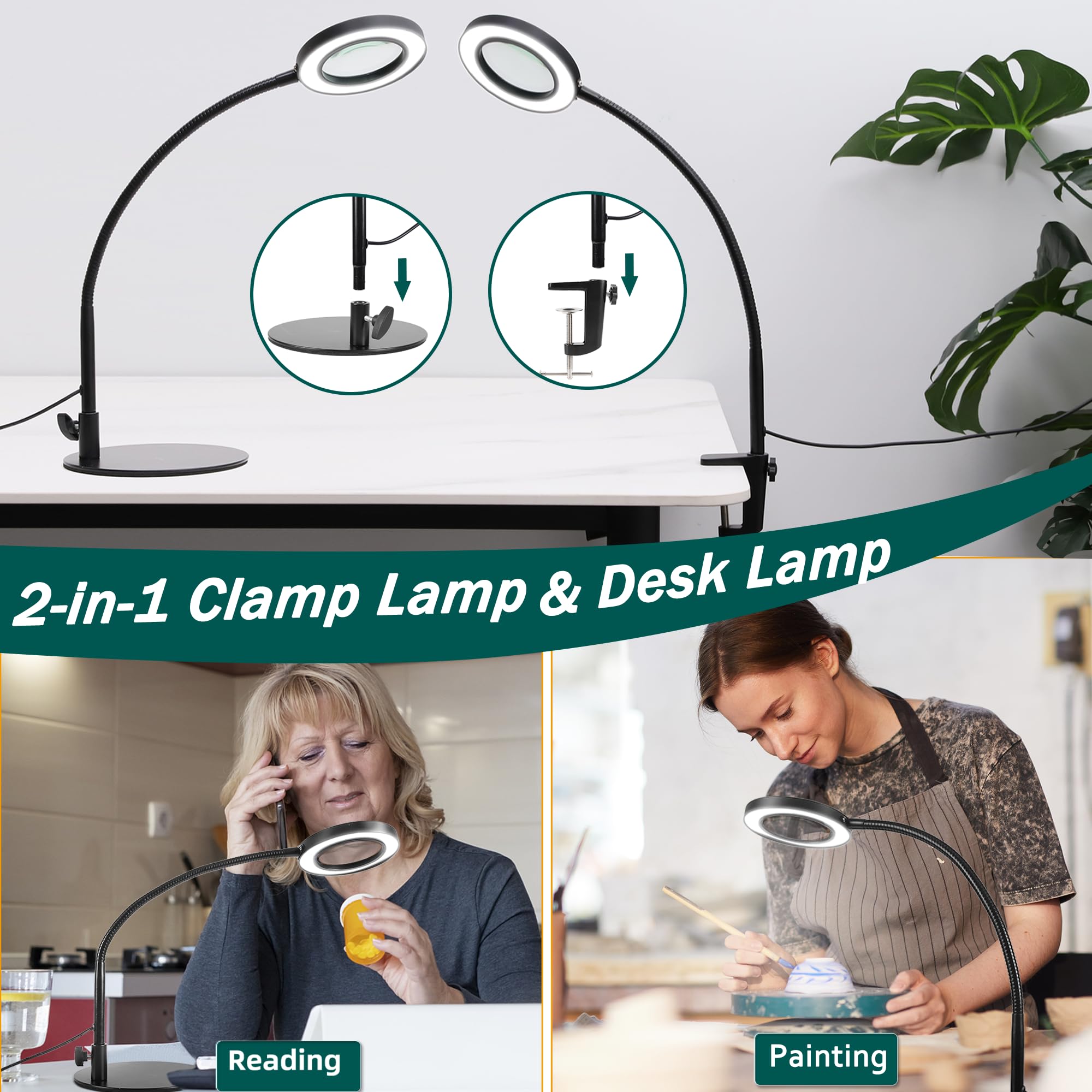 Tobegiga 10X Magnifying Glass with Light and Stand, 2-in-1 Flexible Gooseneck Magnifying Desk Lamp with Clamp, 3 Color Modes Stepless Dimmable LED Lighted Magnifier Hands Free for Craft Painting Hobby