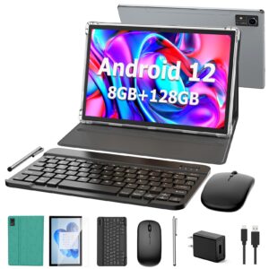 yobanse android tablet 10 inch, android 12 tablet, 8gb ram 128gb rom,1tb expand, 5g wifi, 4g/lte, bluetooth, 8000mah battery, gms certified, 2 in 1 tablet with keyboard, mouse, case, stylus(green)