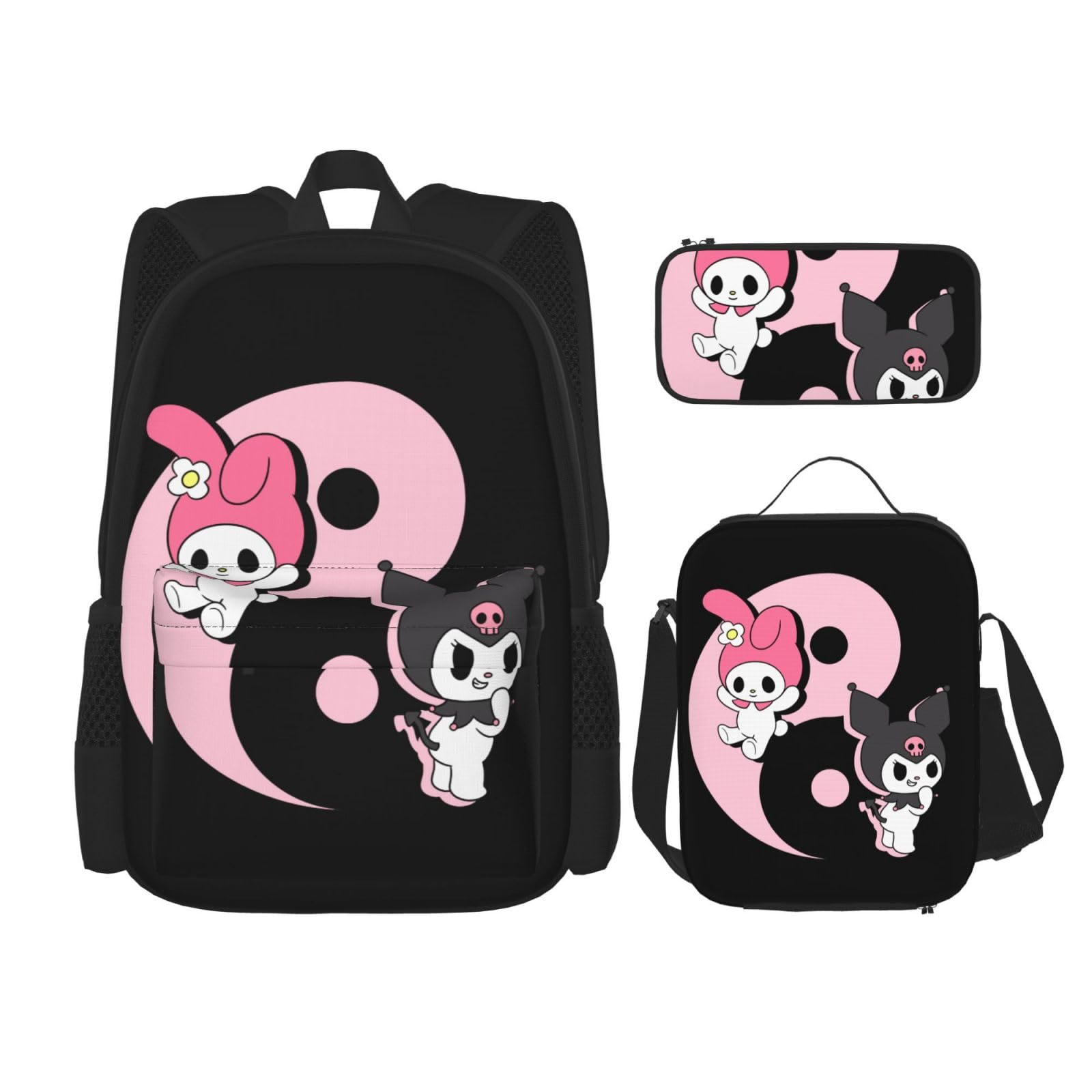 ORPJXIO Backpack 3 Piece Set Kuromi Anime My Melody Laptop Backpack Pencil Case Lunch Bag Combination For Travel Work Camping